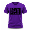 Men's purple cotton crew neck t-shirt with bold black DAD block letter graphic reading The Man The Myth The Legend unique dad gift shirt
