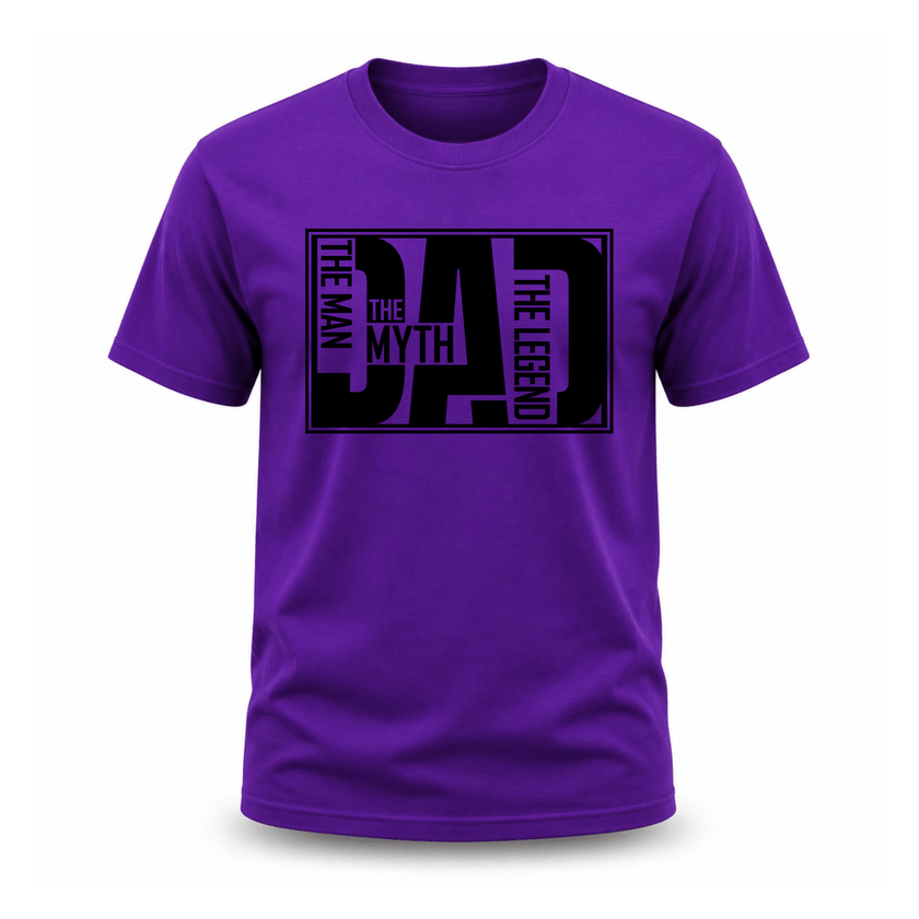 Men's purple cotton crew neck t-shirt with bold black DAD block letter graphic reading The Man The Myth The Legend unique dad gift shirt