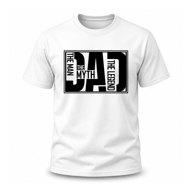 White cotton men's t-shirt featuring bold black oversized DAD typographic framed graphic, The Man The Myth The Legend Father's Day tee