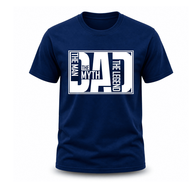 Navy blue men's cotton t-shirt with bold white oversized DAD typographic framed graphic The Man The Myth The Legend Father's Day gift tee