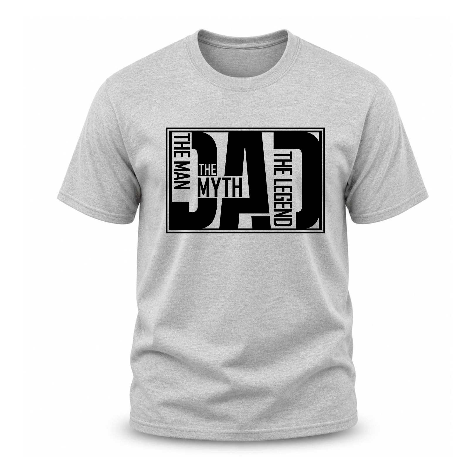 Men's heather sport grey crew neck t-shirt with bold black DAD typographic framed design The Man The Myth The Legend dad gift shirt