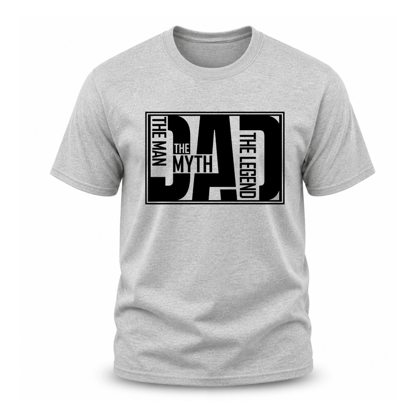 Men's heather sport grey crew neck t-shirt with bold black DAD typographic framed design The Man The Myth The Legend dad gift shirt