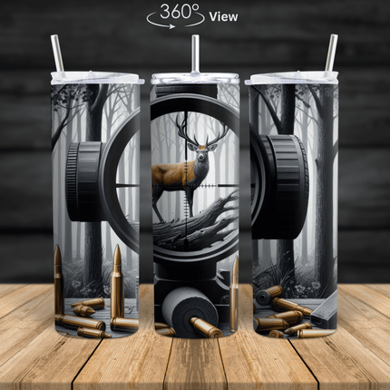 A 360° view of a stainless steel hunting tumbler featuring a deer inside a rifle scope, surrounded by bullets and a forest background.
