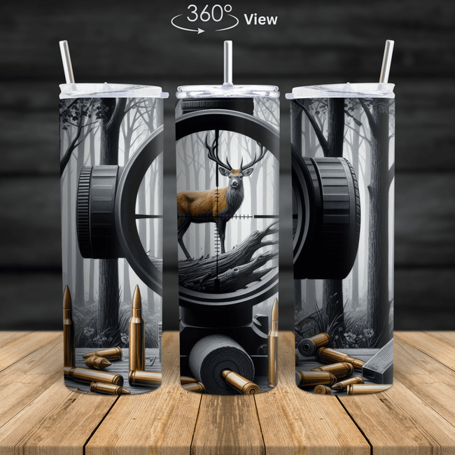 A 360° view of a stainless steel hunting tumbler featuring a deer inside a rifle scope, surrounded by bullets and a forest background.