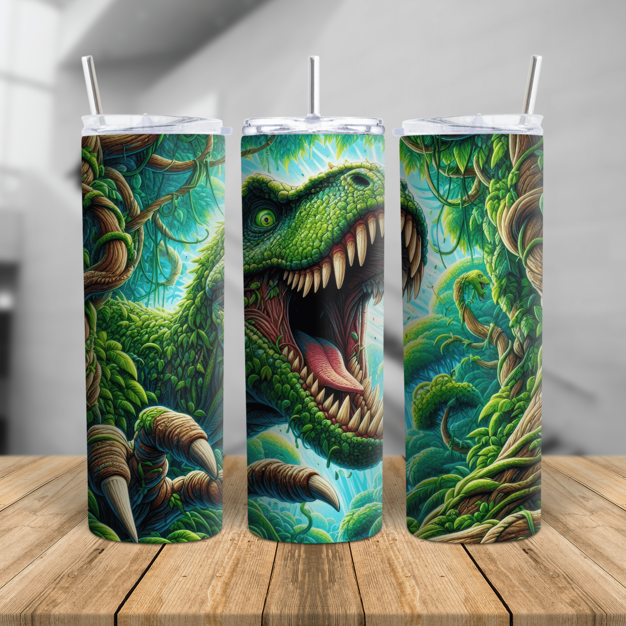 A vibrant 20oz/30oz tumbler featuring a roaring T-Rex surrounded by lush jungle foliage, designed in high-detail artwork with bold greens and blues.