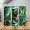 A vibrant 20oz/30oz tumbler featuring a roaring T-Rex surrounded by lush jungle foliage, designed in high-detail artwork with bold greens and blues.