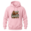 Light Pink Don’t Be An Assquatch hoodie with a funny Bigfoot character, forest details, and bold front chest print.