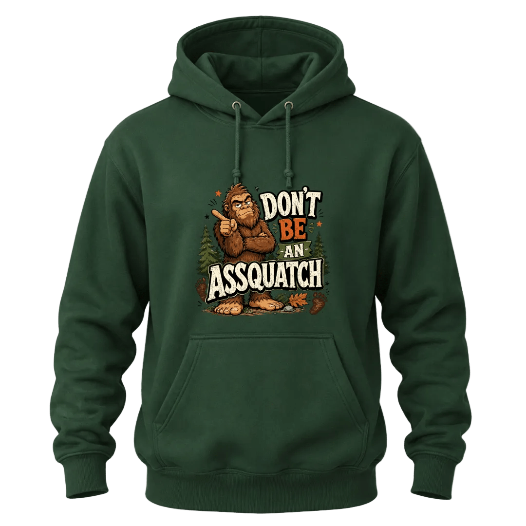 Forest Green Bigfoot graphic hoodie with funny Sasquatch artwork, pine tree details, and outdoor inspired humor.