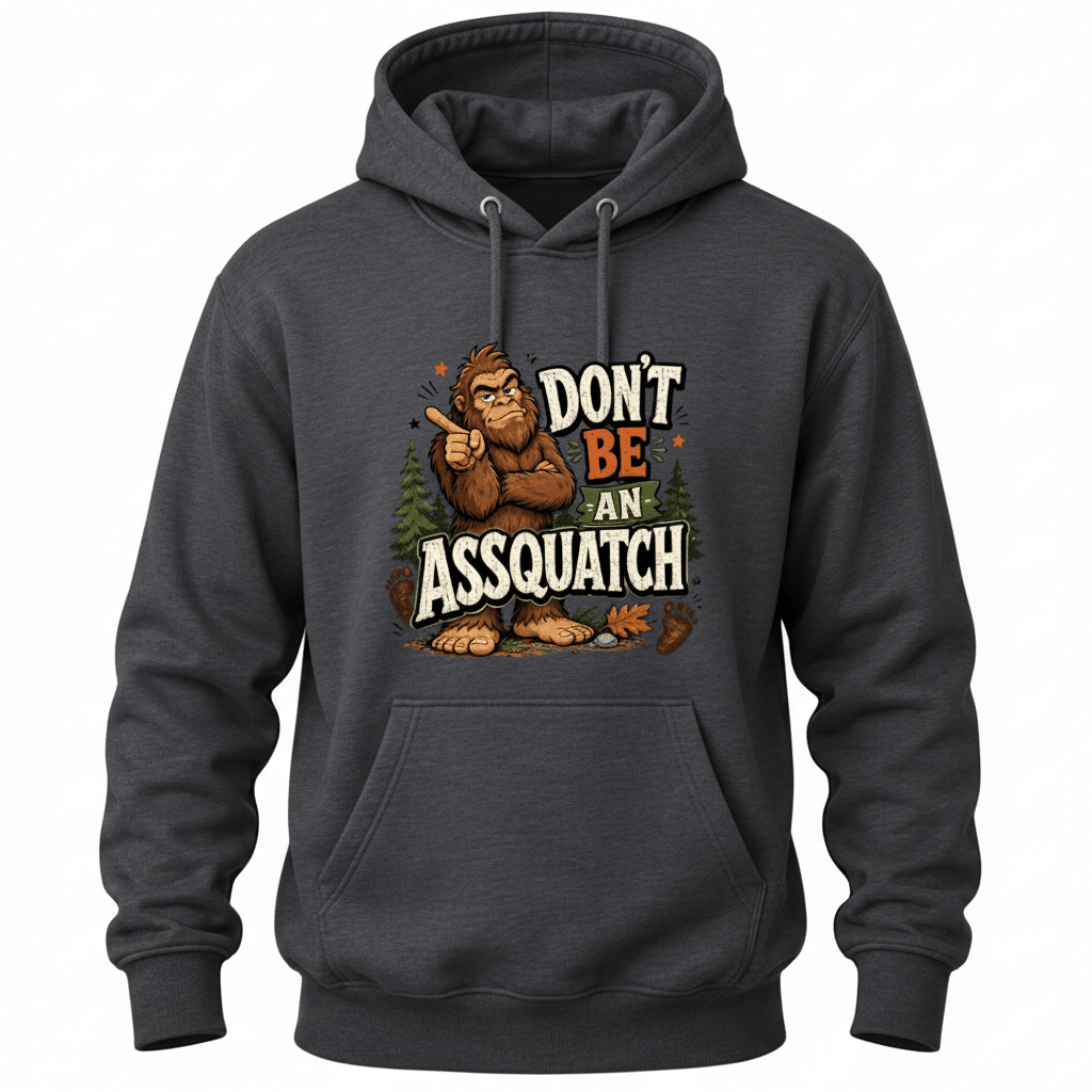 Dark Heather Grey Sasquatch hoodie with bold outdoor humor graphic, Bigfoot character, pine trees, and footprint accents.