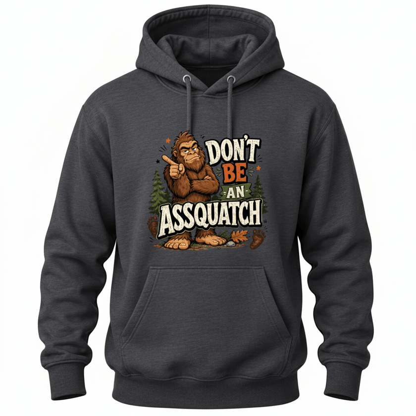 Dark Heather Grey Sasquatch hoodie with bold outdoor humor graphic, Bigfoot character, pine trees, and footprint accents.