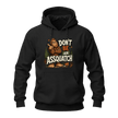 Black Sasquatch graphic hoodie with funny Bigfoot character, bold quote design, trees, footprints, and cozy pullover style.