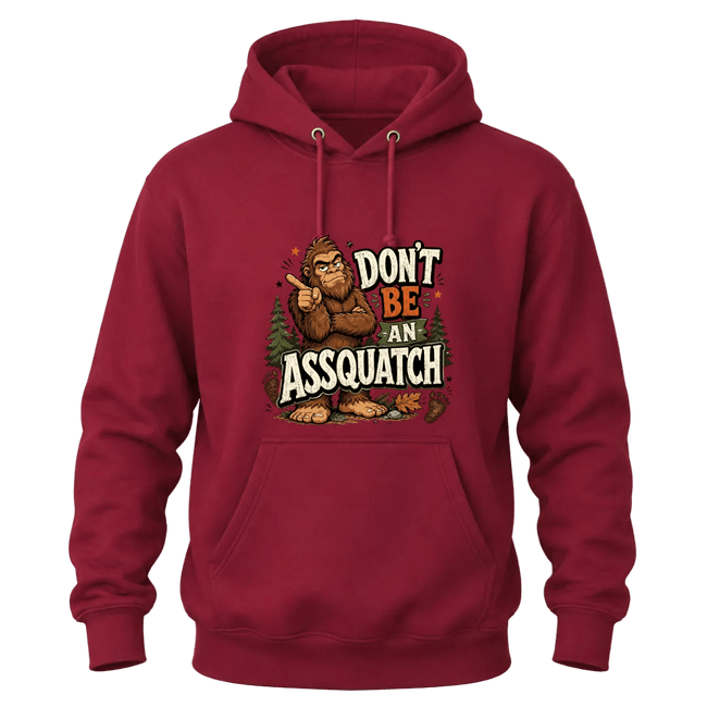 Cardinal Red Don’t Be An Assquatch hoodie featuring humorous Sasquatch artwork and outdoor inspired graphic details.