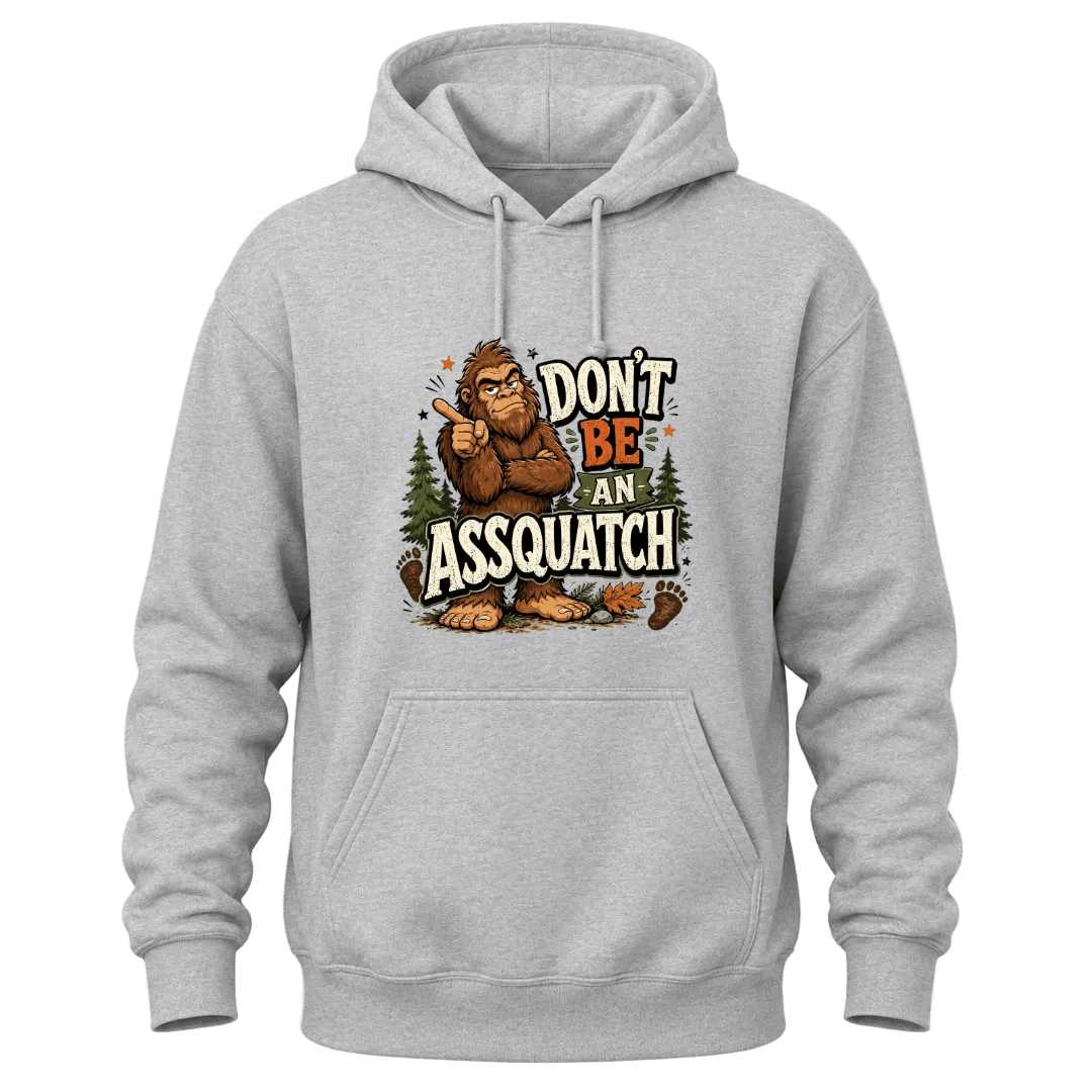 Sport Grey Sasquatch graphic hoodie featuring funny Bigfoot artwork, forest accents, and a cozy casual fit.