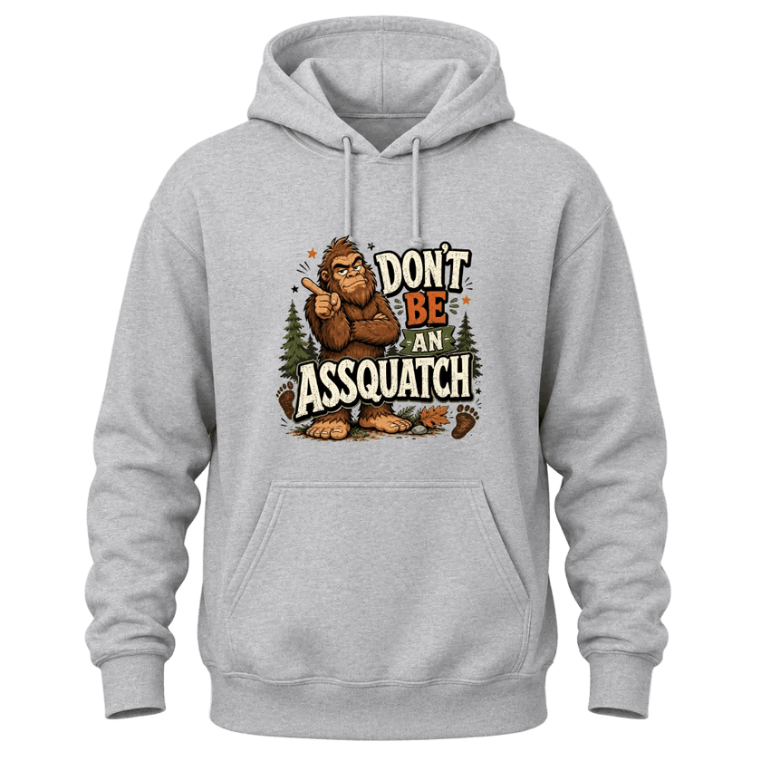 Sport Grey Sasquatch graphic hoodie featuring funny Bigfoot artwork, forest accents, and a cozy casual fit.
