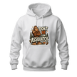 White hoodie featuring a funny Sasquatch graphic with Don’t Be An Assquatch text, forest trees, footprints, and bold outdoor humor.