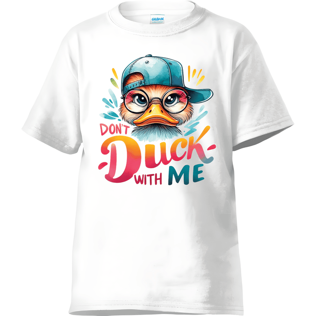 Funny Don’t Duck With Me T-shirt featuring colorful cartoon duck on white shirt
