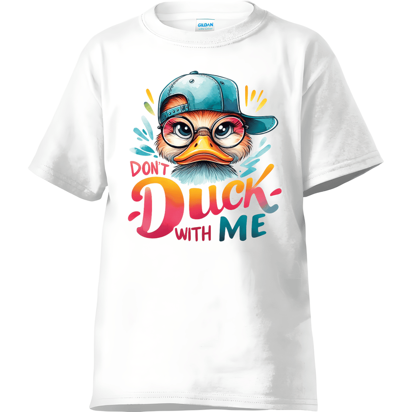 Funny Don’t Duck With Me T-shirt featuring colorful cartoon duck on white shirt