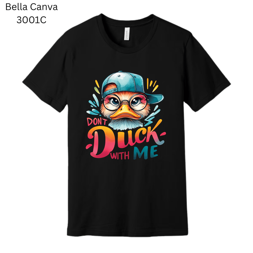 Bold duck attitude graphic tee in bright colors on black shirt