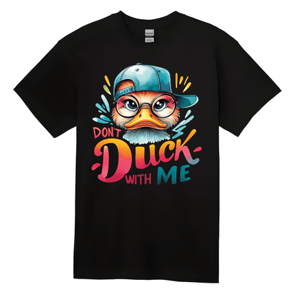 Sarcastic duck graphic tee with bold lettering on black T-shirt