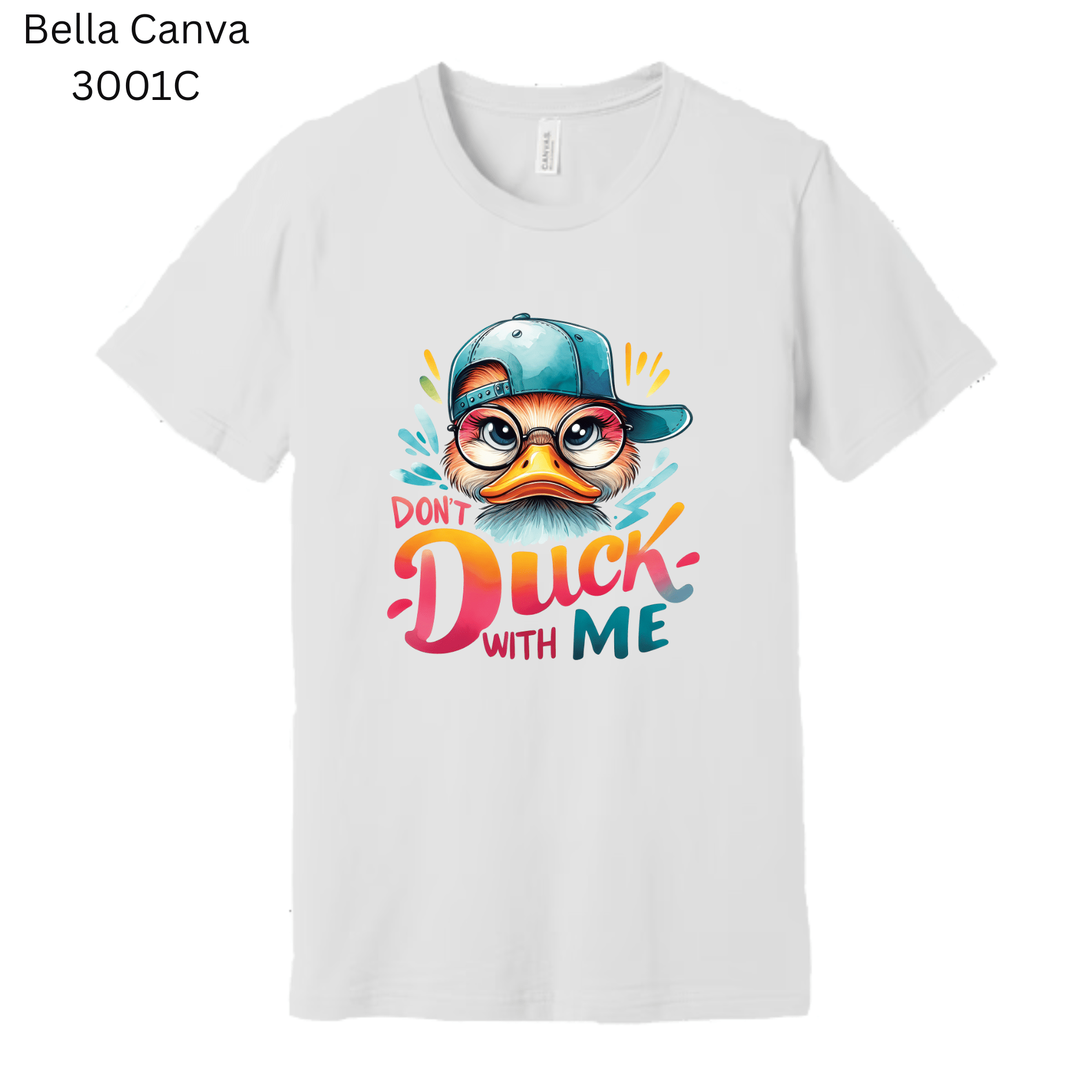 Funny duck character T-shirt with colorful text and streetwear style art