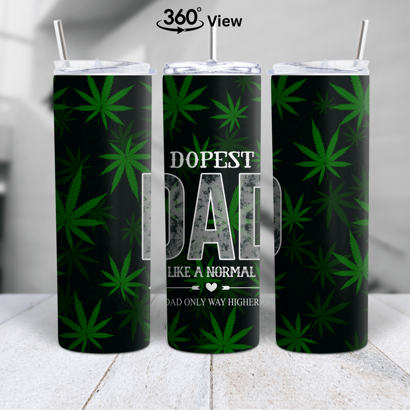 Dopest Dad tumbler featuring green cannabis leaves on a black background, 20oz stainless steel cup with humorous dad design.
