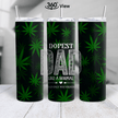 Dopest Dad tumbler featuring green cannabis leaves on a black background, 20oz stainless steel cup with humorous dad design.