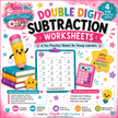 Colorful printable double digit subtraction worksheet pack featuring 4 fun math practice sheets for elementary students, homeschool learning, and classroom activities.