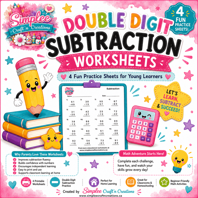 Colorful printable double digit subtraction worksheet pack featuring 4 fun math practice sheets for elementary students, homeschool learning, and classroom activities.