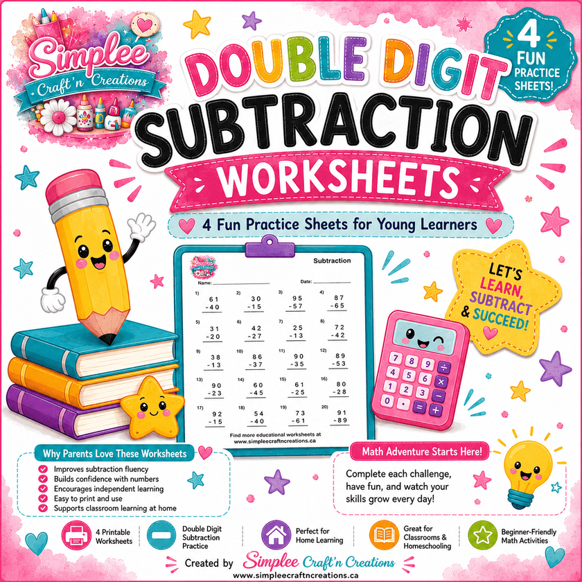 Colorful printable double digit subtraction worksheet pack featuring 4 fun math practice sheets for elementary students, homeschool learning, and classroom activities.