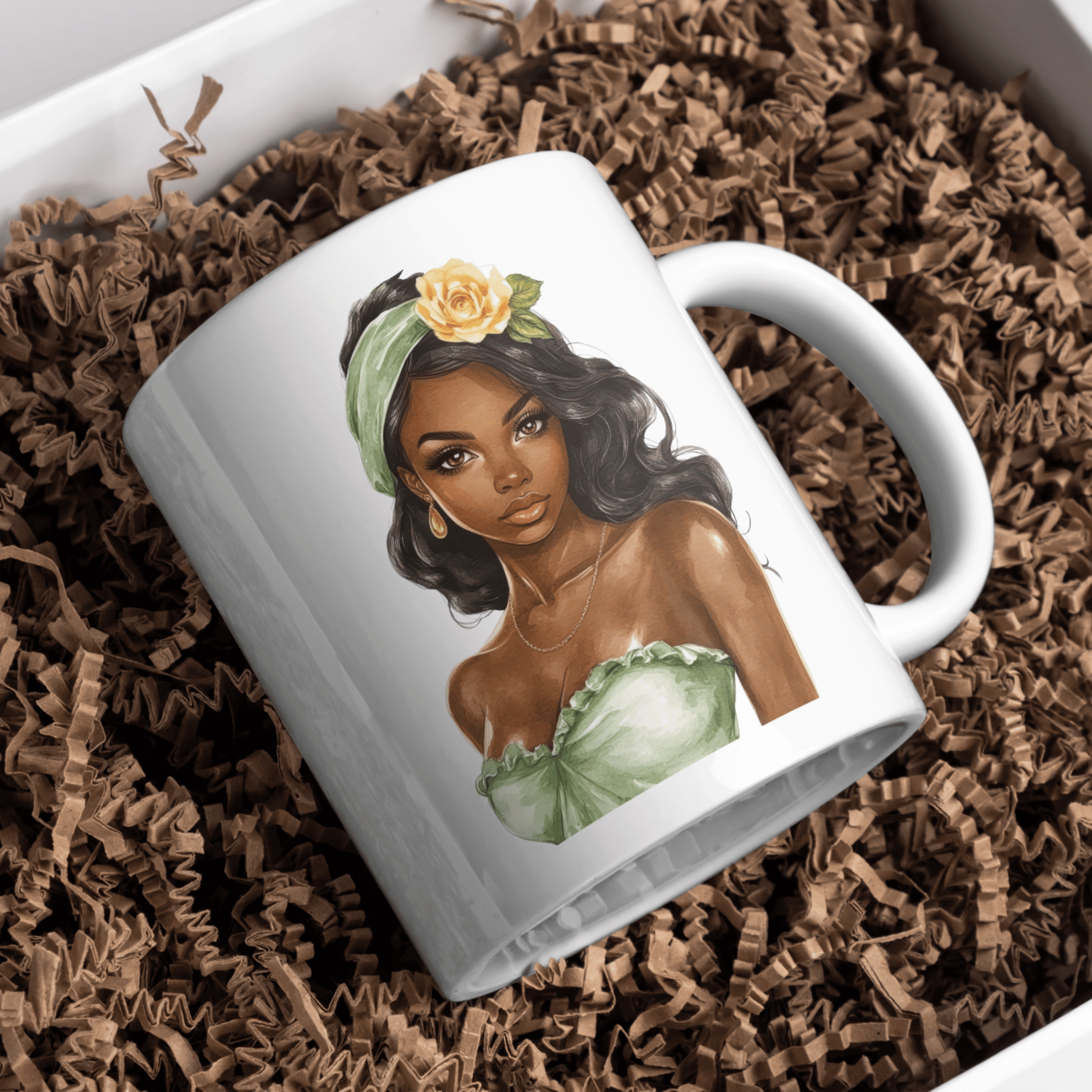 Stylish illustration of a confident woman wearing a light green top and yellow rose headband — perfect digital art for prints, sublimation designs, and fashion-inspired products.