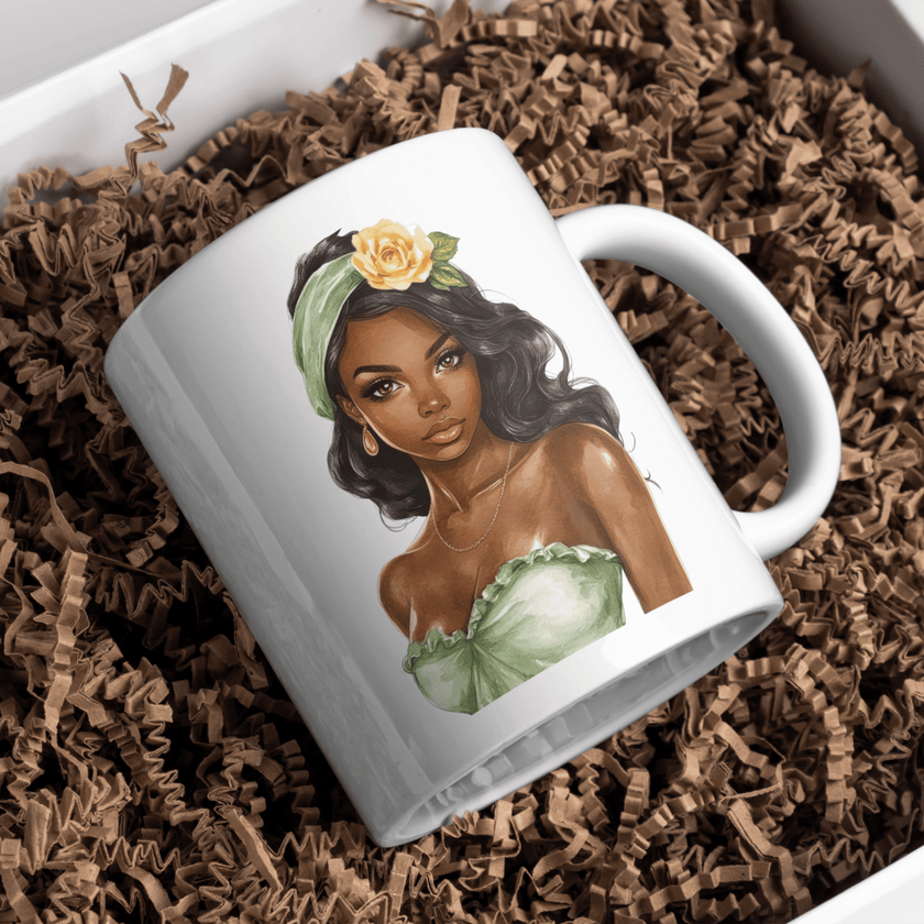 Stylish illustration of a confident woman wearing a light green top and yellow rose headband — perfect digital art for prints, sublimation designs, and fashion-inspired products.