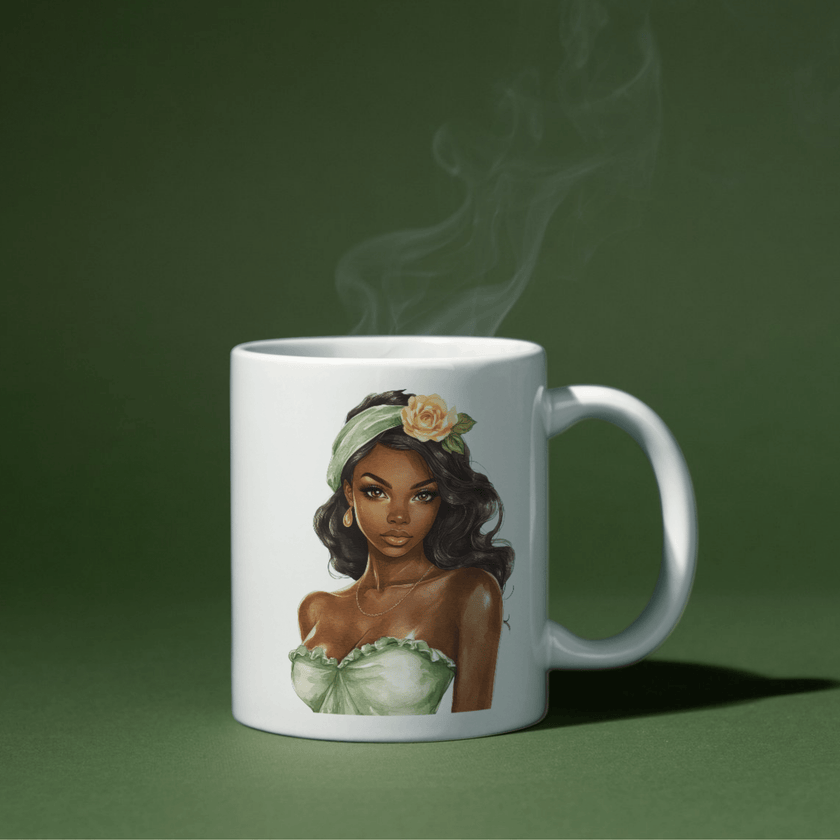 Elegant digital art of a woman in a green strapless dress with soft makeup and a floral yellow headband — ideal for mugs, canvas prints, or feminine digital downloads.