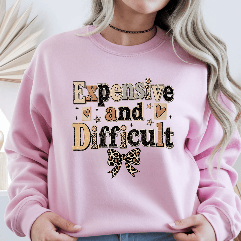 Pink women's sweatshirt featuring a stylish Expensive and Difficult graphic design with leopard bow detail and feminine fashion aesthetic.