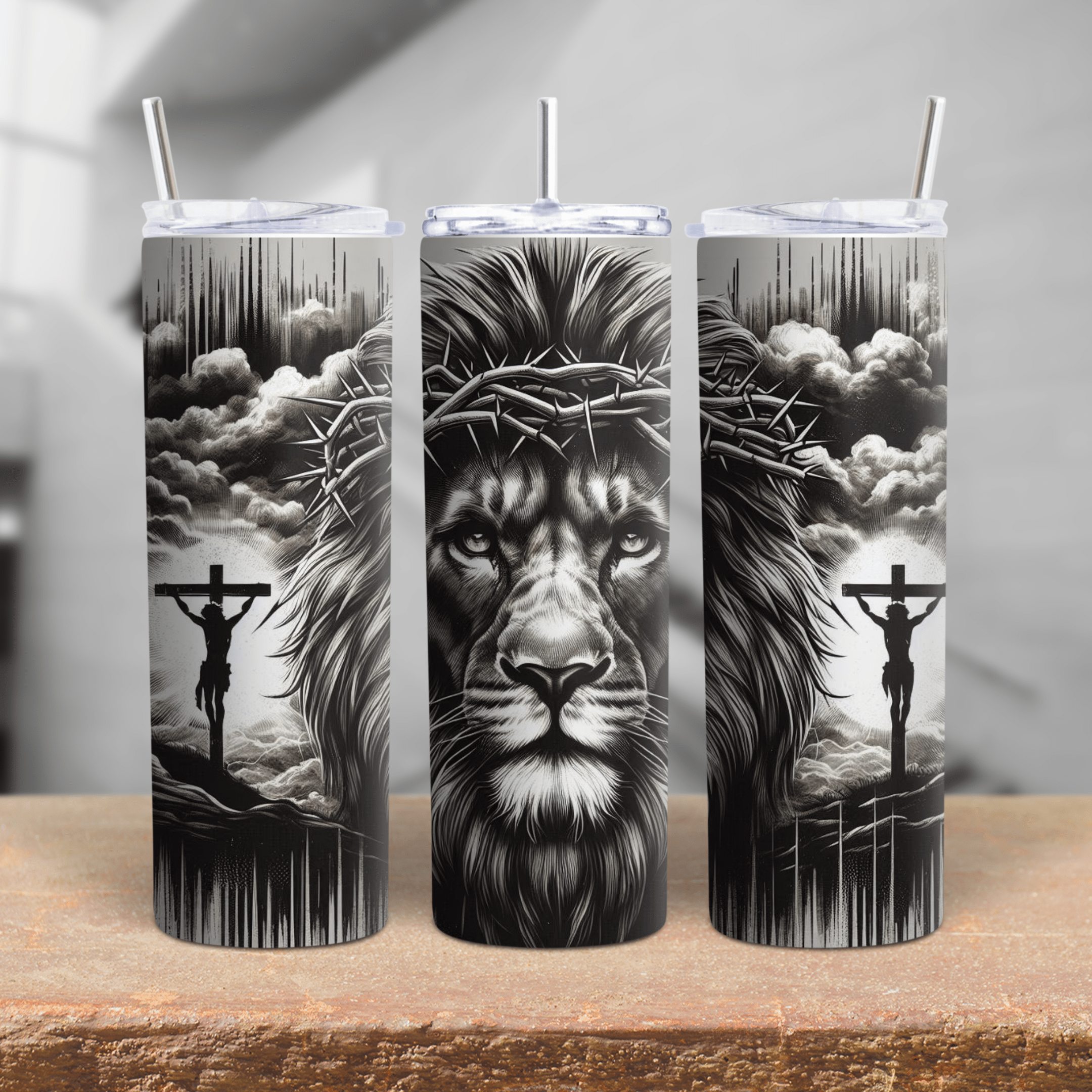 Black and white Lion of Judah stainless steel tumbler with crown of thorns and crucifixion faith artwork