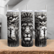 Black and white Lion of Judah stainless steel tumbler with crown of thorns and crucifixion faith artwork