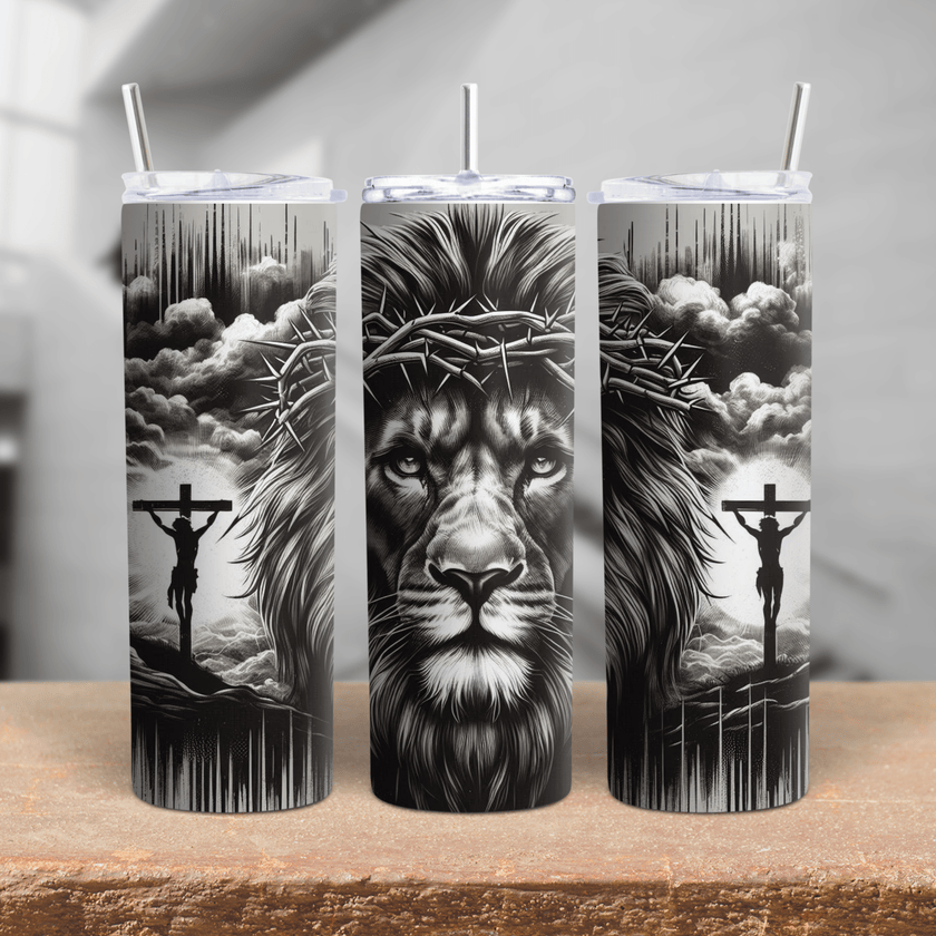 Black and white Lion of Judah stainless steel tumbler with crown of thorns and crucifixion faith artwork