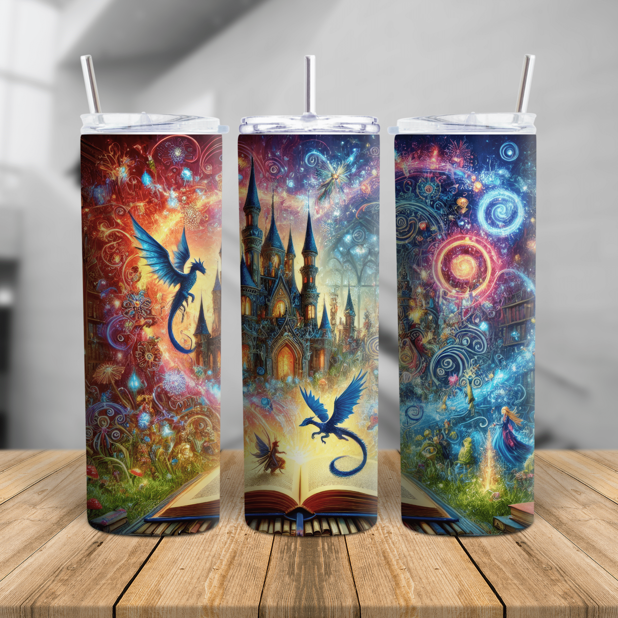 A vibrant fantasy-themed tumbler featuring a magical castle, glowing spellbook, swirling cosmic colors, and a blue dragon.