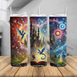 A vibrant fantasy-themed tumbler featuring a magical castle, glowing spellbook, swirling cosmic colors, and a blue dragon.