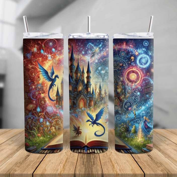 A vibrant fantasy-themed tumbler featuring a magical castle, glowing spellbook, swirling cosmic colors, and a blue dragon.