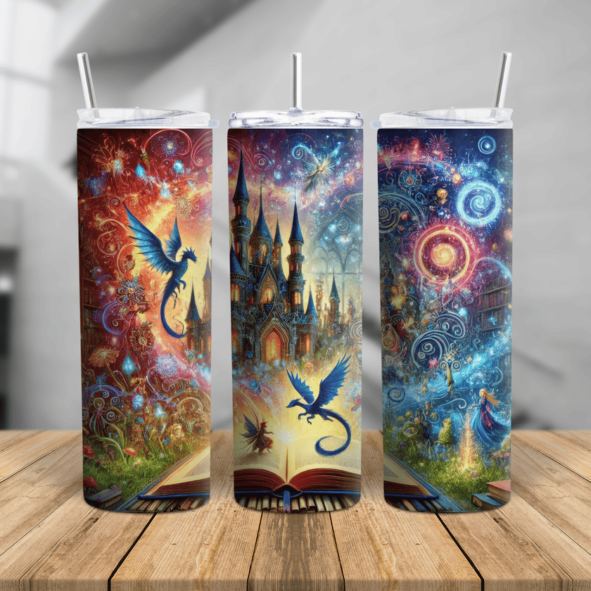 A vibrant fantasy-themed tumbler featuring a magical castle, glowing spellbook, swirling cosmic colors, and a blue dragon.