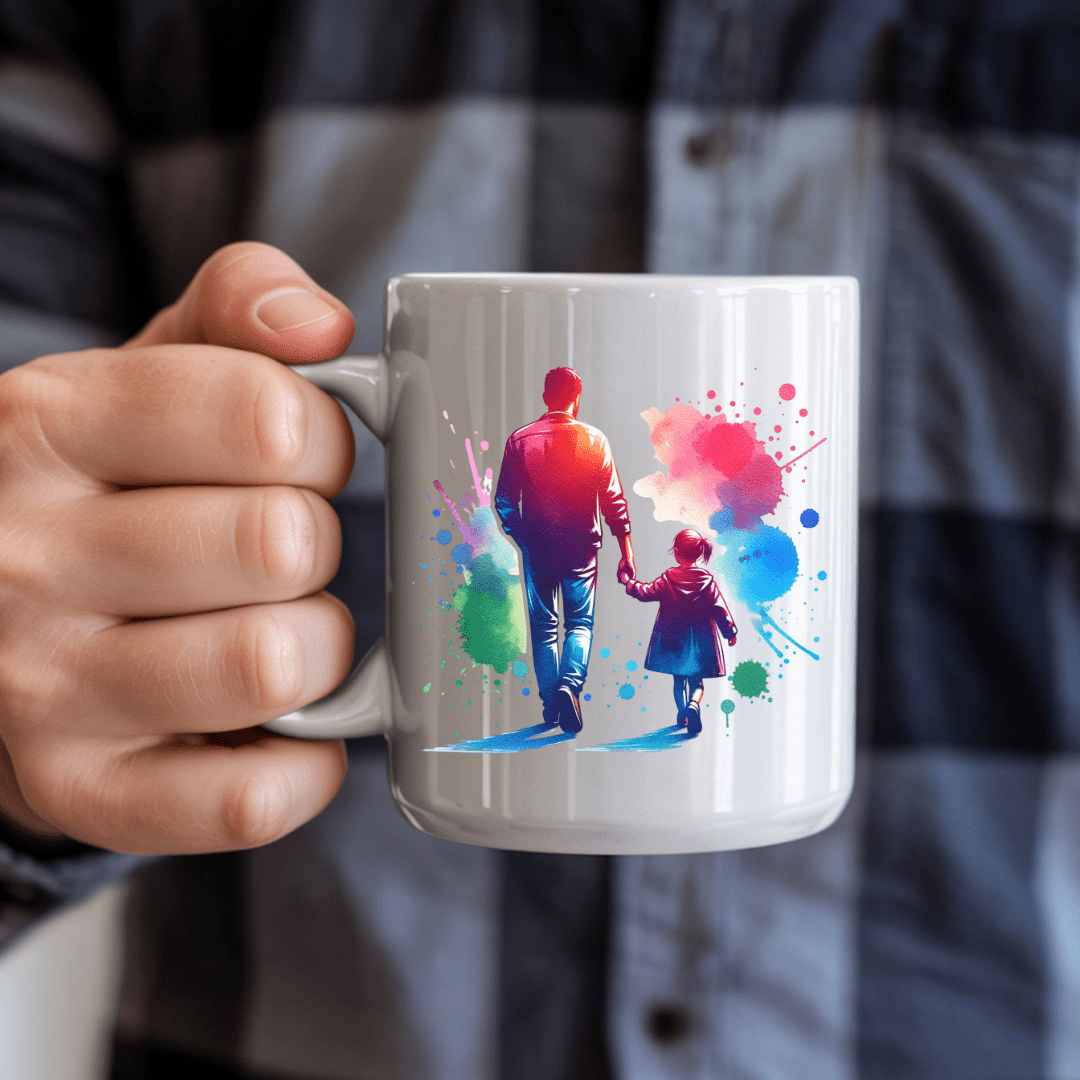 Sentimental family themed ceramic mug with father and daughter silhouette and colorful watercolor accents