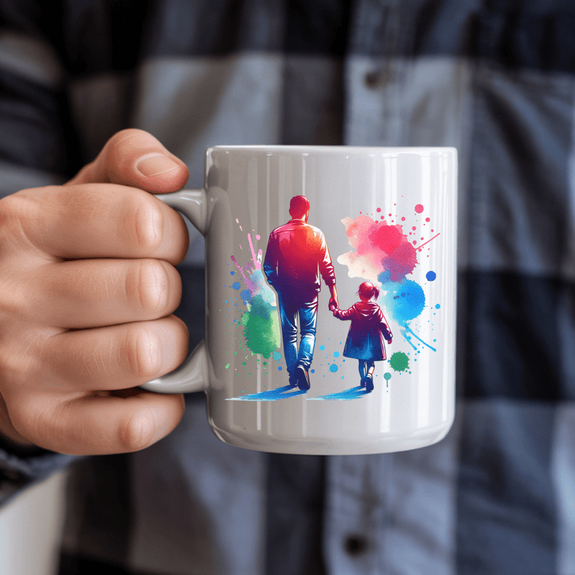 Sentimental family themed ceramic mug with father and daughter silhouette and colorful watercolor accents