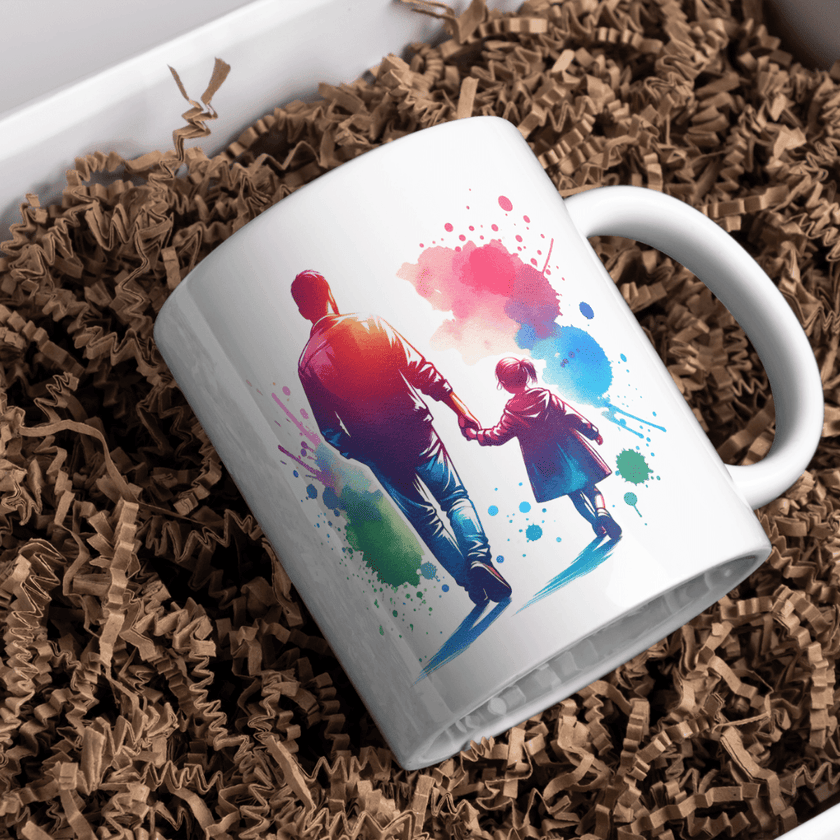 Emotional dad and daughter mug featuring vibrant watercolor art and glossy ceramic finish for gifting