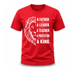 Red motivational dad T shirt with lion face artwork and powerful father quote