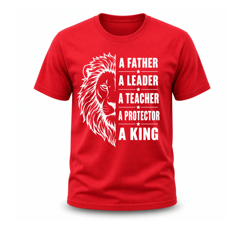 Red motivational dad T shirt with lion face artwork and powerful father quote