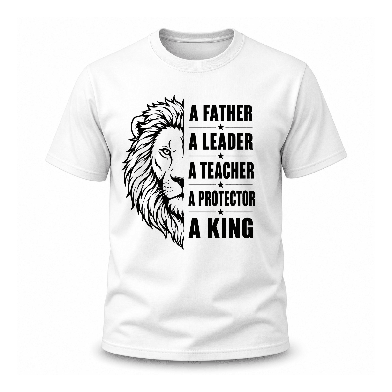 White dad graphic tee featuring lion artwork and leadership themed text design