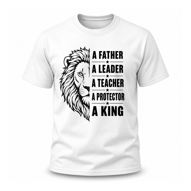 White dad graphic tee featuring lion artwork and leadership themed text design