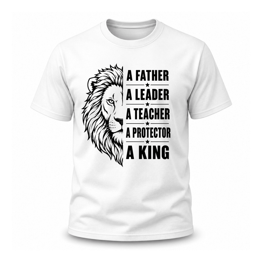 White dad graphic tee featuring lion artwork and leadership themed text design