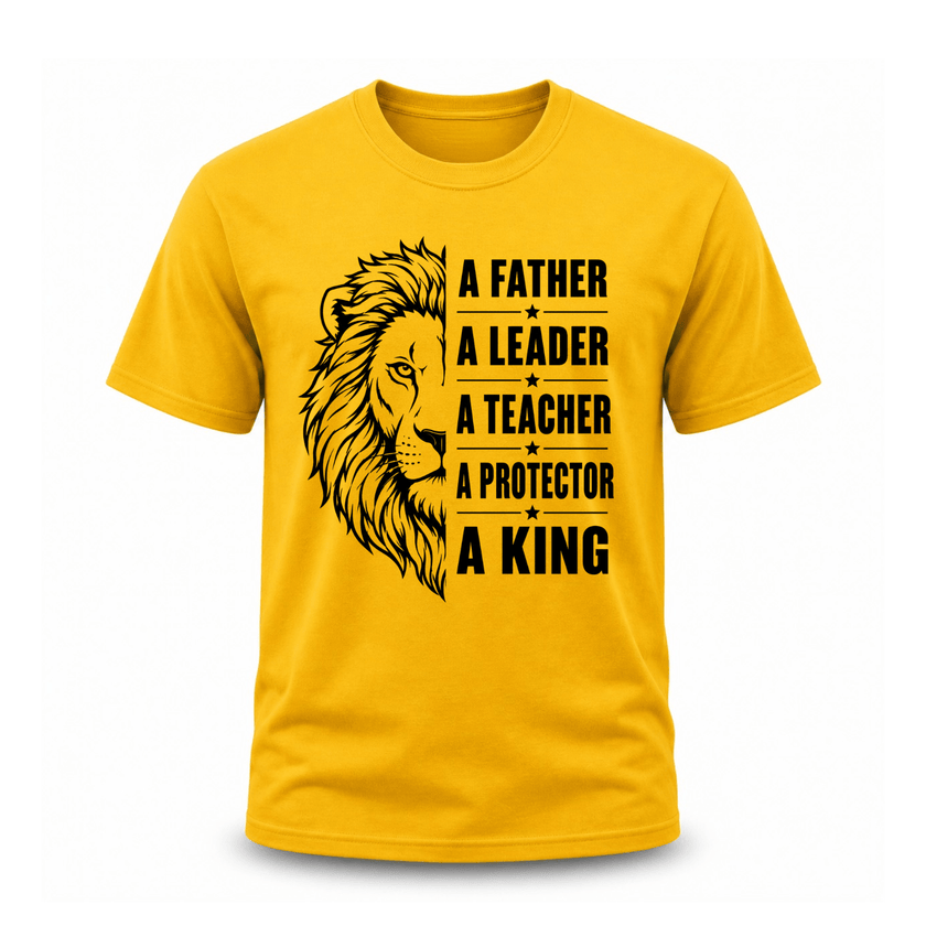 Yellow lion father inspirational T shirt with strong motivational quote design for dads