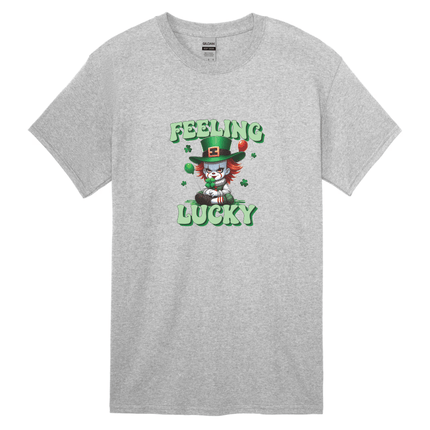 Grey St Patrick’s Day Feeling Lucky graphic T-shirt with festive shamrock design